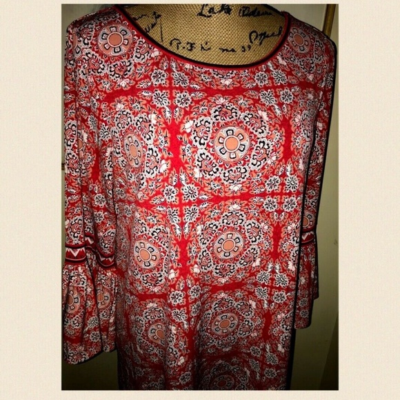 MAX STUDIO RED SILKY KNIT DRESS,BOHO PRINT~MEDIUM - Picture 3 of 5